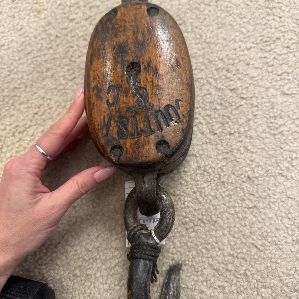 Antique vintage Joutts R &C Wooden Pulley Wall Decor, metal hooked pulley